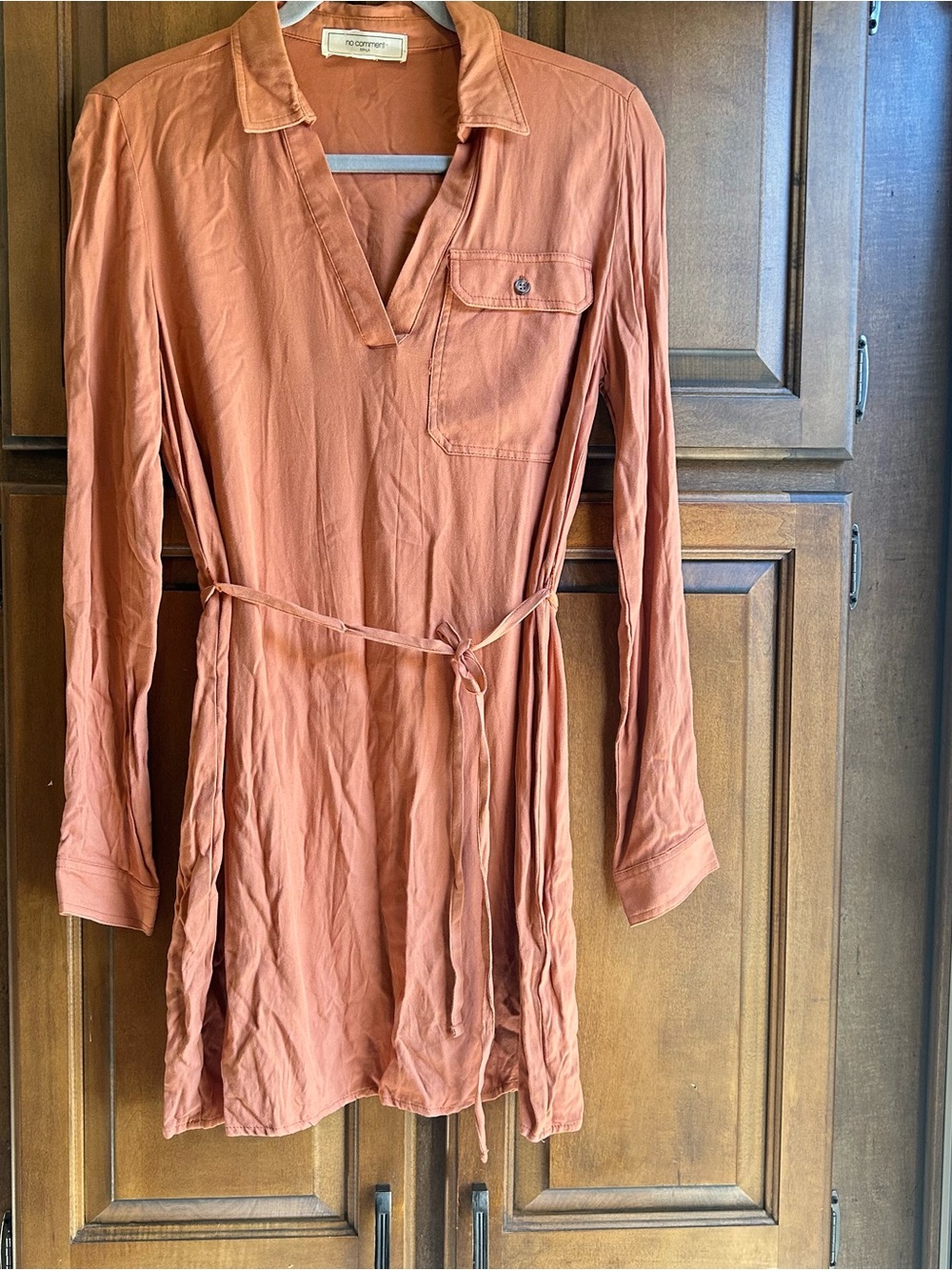 🌸No Comment long-sleeve peach V-neck shirt dress Size small - Picture 2 of 10